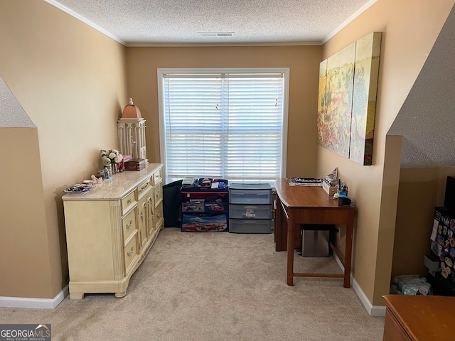 carpeted office space with a textured ceiling and crown molding