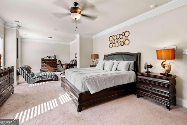 carpeted bedroom featuring ceiling fan and ornamental molding