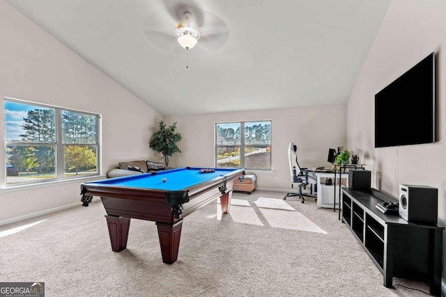 playroom featuring light colored carpet, high vaulted ceiling, ceiling fan, and pool table