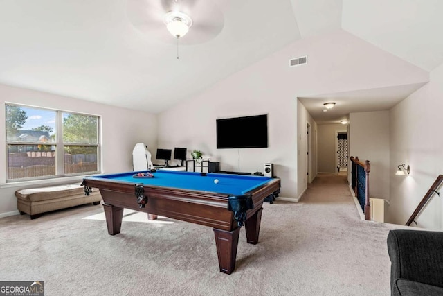 recreation room featuring carpet flooring, ceiling fan, lofted ceiling, and billiards