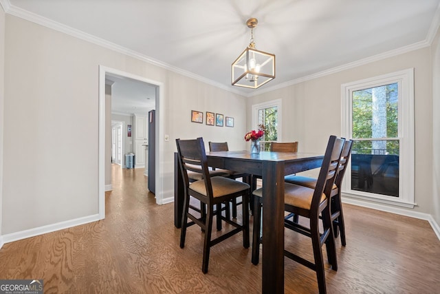 dining area with crown molding, hardwood / wood-style floors, and plenty of natural light