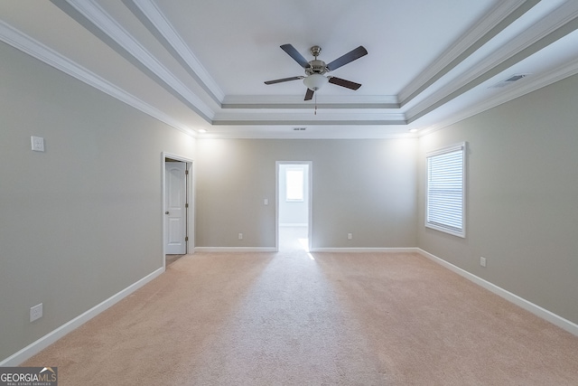 spare room with light colored carpet, ornamental molding, and a tray ceiling