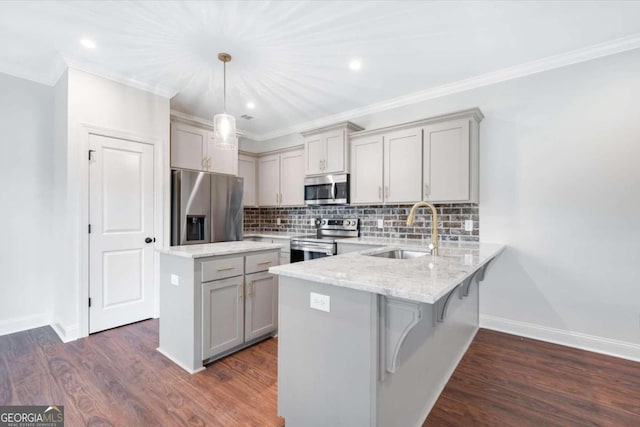 kitchen with pendant lighting, sink, dark hardwood / wood-style floors, decorative backsplash, and stainless steel appliances