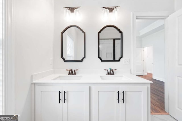 bathroom featuring hardwood / wood-style floors and vanity