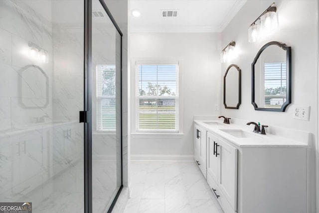 bathroom with crown molding, vanity, and an enclosed shower