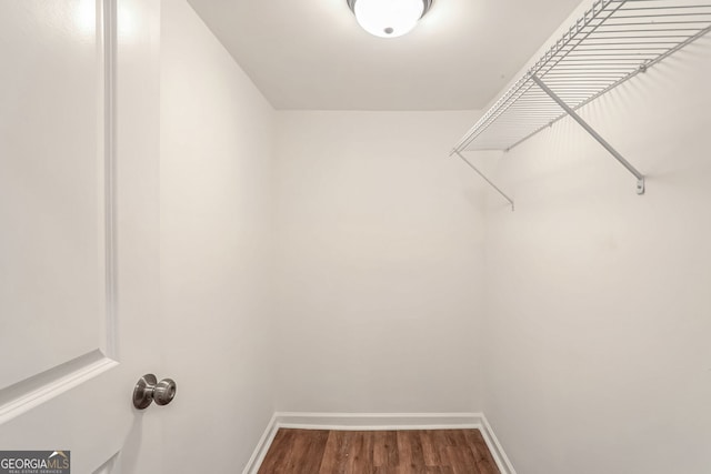 walk in closet with dark wood-type flooring