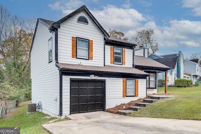 view of front facade with a front yard, a garage, and cooling unit