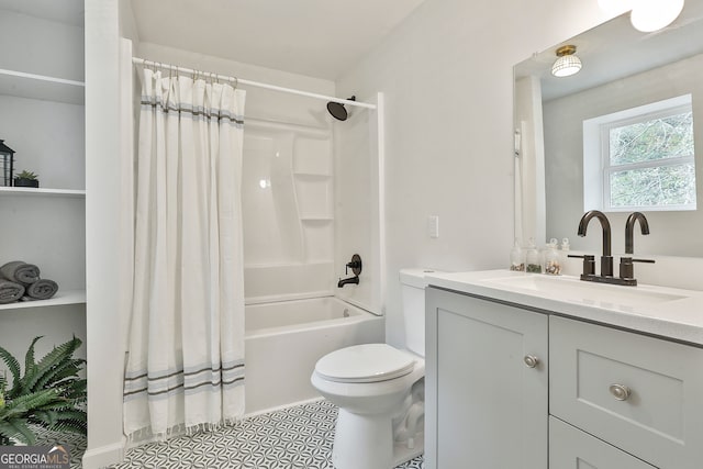 full bathroom featuring vanity, toilet, and shower / bath combo with shower curtain