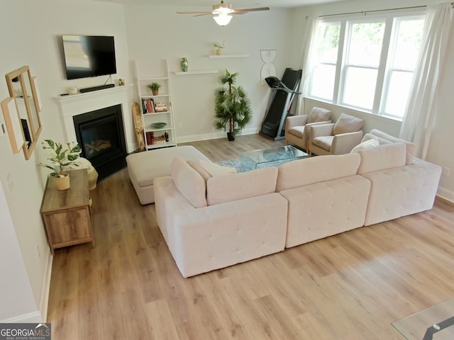 living room featuring ceiling fan and light hardwood / wood-style flooring