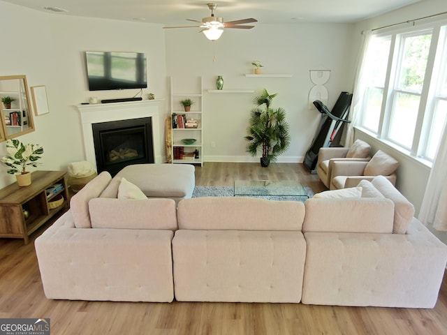 living room with ceiling fan and hardwood / wood-style floors