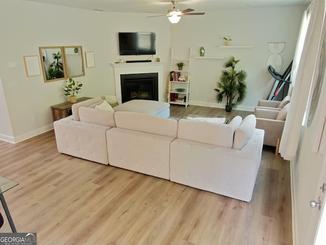 living room with ceiling fan and light hardwood / wood-style flooring