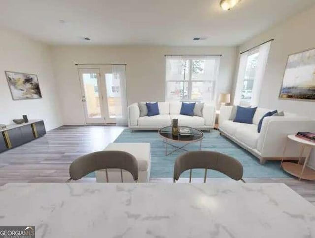 living room with light wood-type flooring and a healthy amount of sunlight