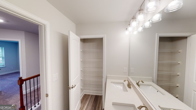 bathroom featuring vanity and hardwood / wood-style flooring