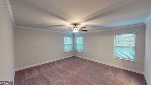 carpeted spare room featuring plenty of natural light, ornamental molding, and ceiling fan