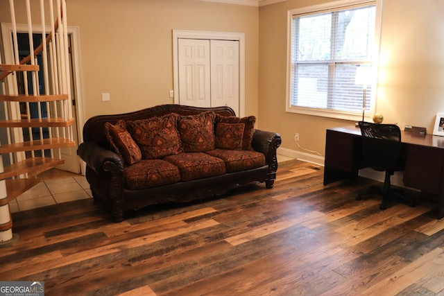 living room featuring dark hardwood / wood-style flooring and crown molding