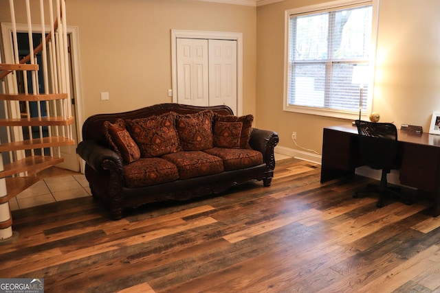 living room with dark wood-type flooring