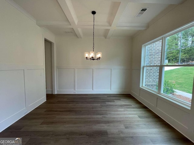 unfurnished dining area featuring beam ceiling, a wealth of natural light, and dark wood-type flooring