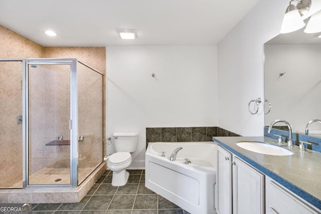 full bathroom with tile patterned flooring, vanity, toilet, and plus walk in shower