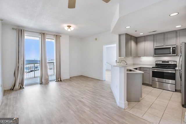 kitchen with gray cabinetry, sink, light hardwood / wood-style flooring, kitchen peninsula, and appliances with stainless steel finishes