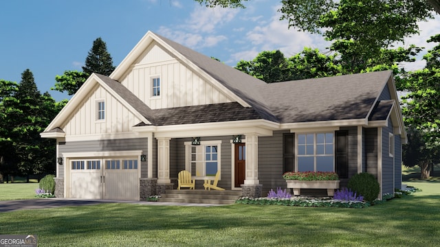 view of front of property featuring board and batten siding, a shingled roof, a front lawn, covered porch, and driveway