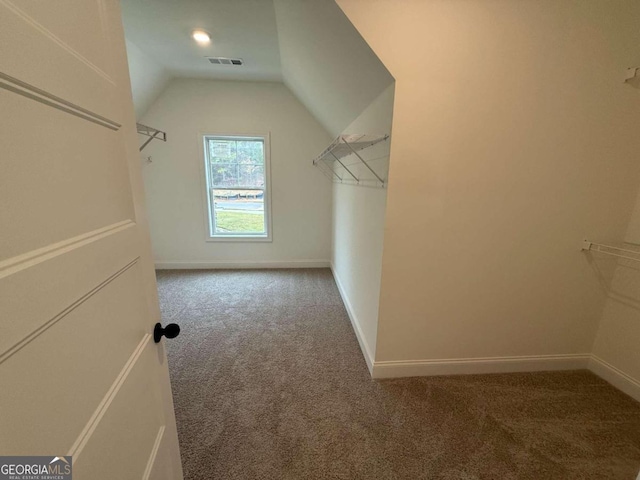 spacious closet with carpet flooring and lofted ceiling