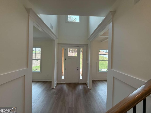 foyer with a healthy amount of sunlight and dark hardwood / wood-style flooring