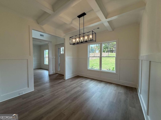 unfurnished dining area featuring dark hardwood / wood-style floors, beam ceiling, an inviting chandelier, and coffered ceiling