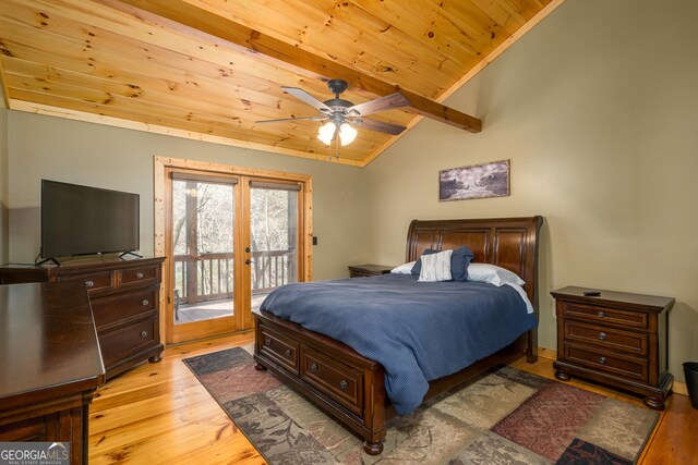 bedroom featuring ceiling fan, wooden ceiling, light hardwood / wood-style floors, lofted ceiling, and access to outside