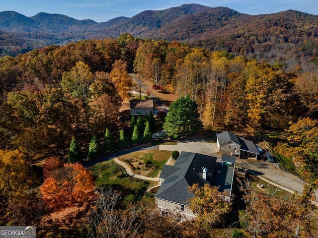 drone / aerial view featuring a mountain view