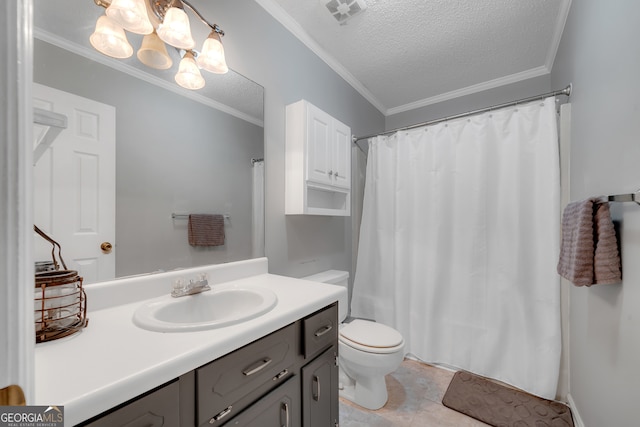 bathroom with an inviting chandelier, a textured ceiling, toilet, vanity, and ornamental molding