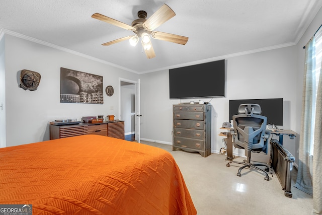 bedroom featuring ceiling fan, a textured ceiling, and ornamental molding