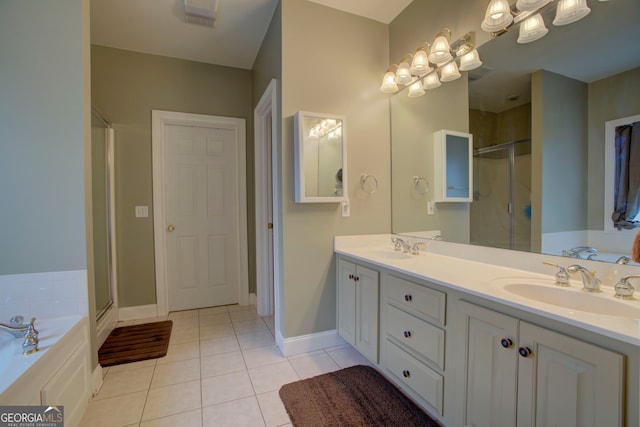 bathroom featuring tile patterned floors, plus walk in shower, and vanity