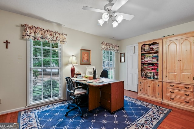 office space featuring a textured ceiling, dark hardwood / wood-style floors, plenty of natural light, and ceiling fan