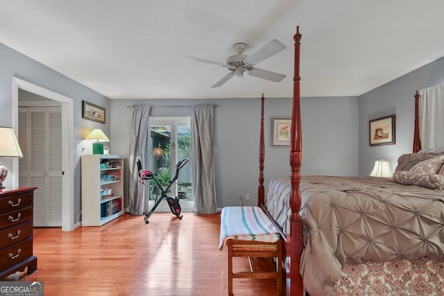 bedroom with access to outside, a closet, ceiling fan, and light hardwood / wood-style flooring