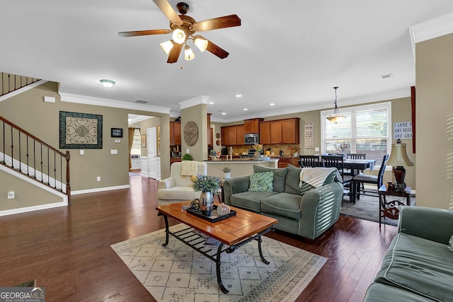 living room with dark hardwood / wood-style floors, ceiling fan, sink, and crown molding