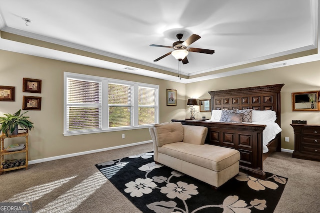 carpeted bedroom with ceiling fan and crown molding