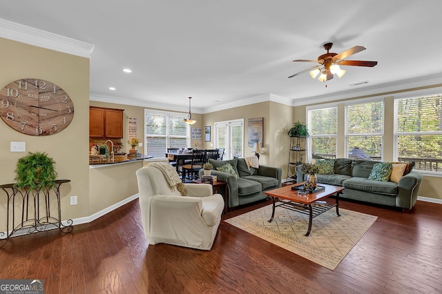 living room with dark hardwood / wood-style floors, ceiling fan, crown molding, and sink