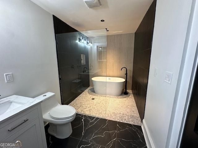 full bathroom featuring vanity, independent shower and bath, tile walls, and toilet