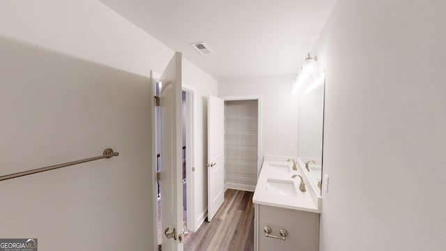 bathroom with hardwood / wood-style floors and vanity