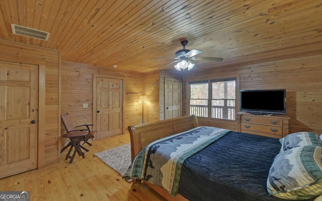 bedroom featuring ceiling fan, light hardwood / wood-style floors, wood walls, and wooden ceiling