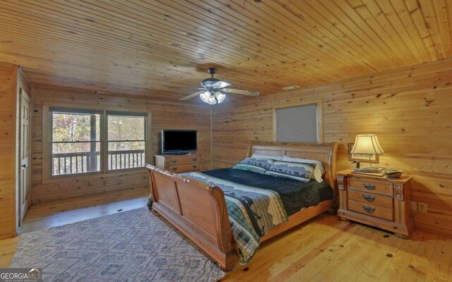 bedroom featuring ceiling fan, light hardwood / wood-style flooring, wooden ceiling, and wood walls