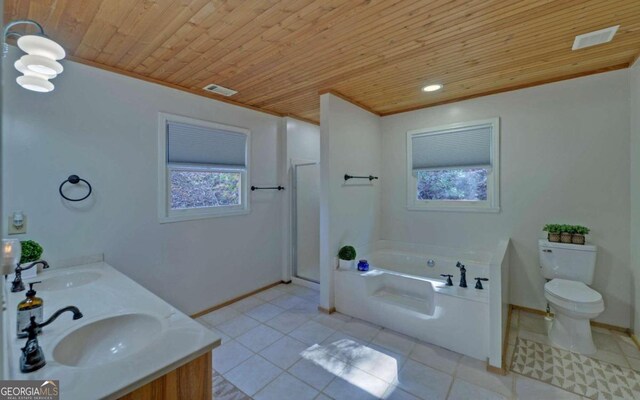 bathroom with a tub, tile patterned floors, toilet, vanity, and wood ceiling