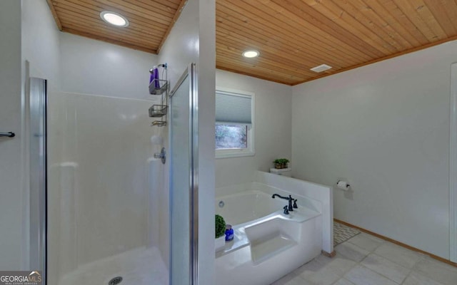 bathroom featuring plus walk in shower and wooden ceiling