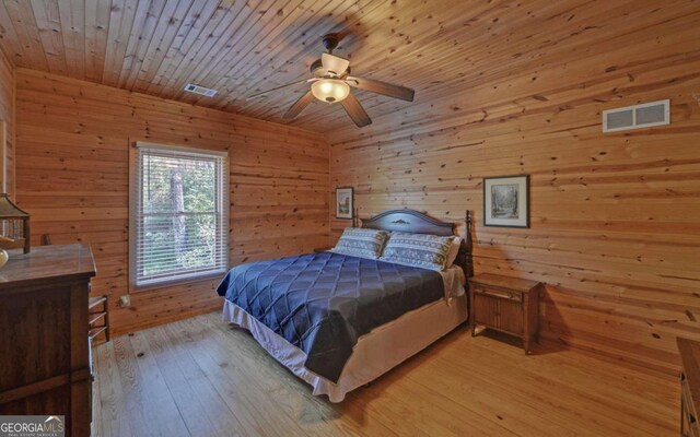 bedroom featuring ceiling fan, wooden ceiling, wood walls, and light wood-type flooring