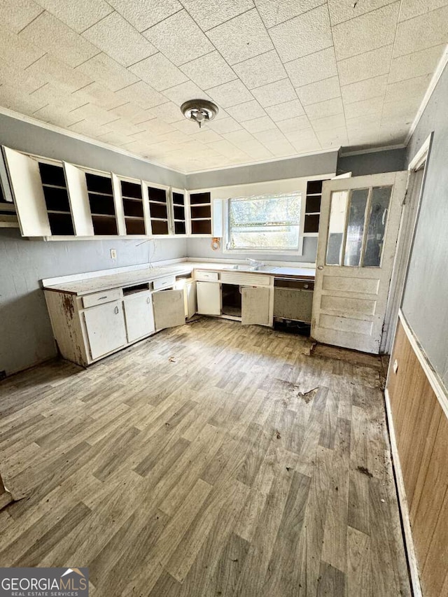 kitchen with wood walls and light wood-type flooring