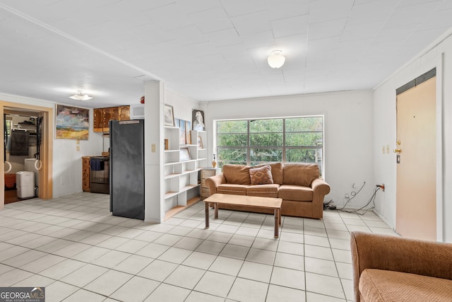 tiled living room featuring crown molding