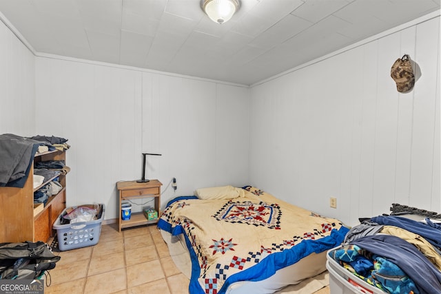 tiled bedroom with wooden walls