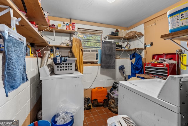 650 Mccharles St, Dalton, GA 30720 - clothes washing area featuring separate washer and dryer, concrete block wall, tile patterned floors, and cooling unit