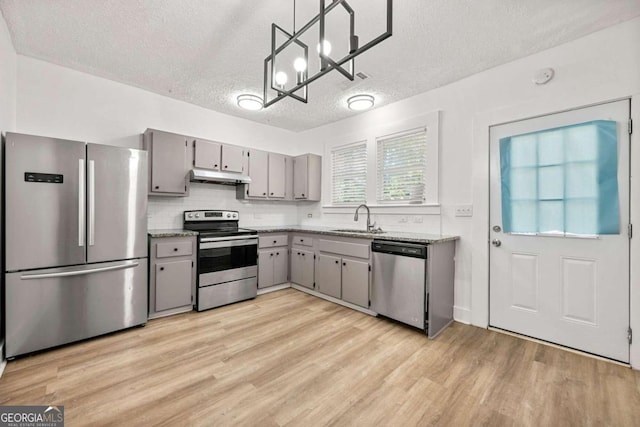 kitchen with appliances with stainless steel finishes, light wood-type flooring, sink, gray cabinets, and hanging light fixtures