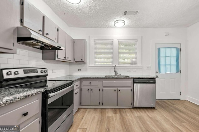 kitchen featuring gray cabinets, sink, stainless steel appliances, and light hardwood / wood-style flooring